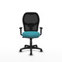 Silla de oficina Alocén con mecanismo Sincro tapizada con Tela color Turquesa y malla color Negro. Equipada con lumbar 1D, Brazos 1D y Ruedas de parqué