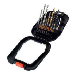 Black+Decker Juego Brocas y Puntas de Titanio 16 Piezas: Metal, Mampostería, Madera (2-8 mm), 7 Puntas Atornillar, Soporte Magnético con Estuche