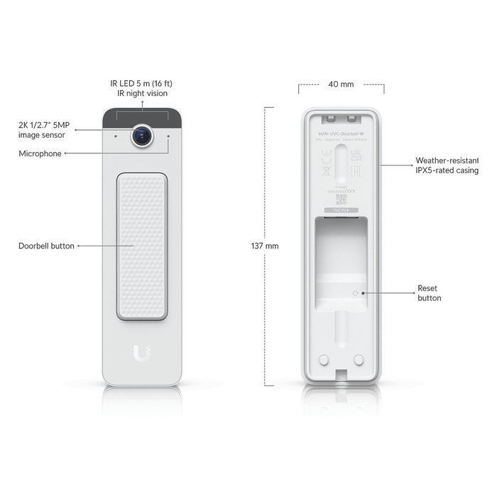 Ubiquiti UVC-Doorbell-Lite-W Timbre Vídeo 5 MP Blanco - Cámara de Seguridad Alámbrica con Visión Nocturna, PoE, Resolución 2560x1920, IPX5