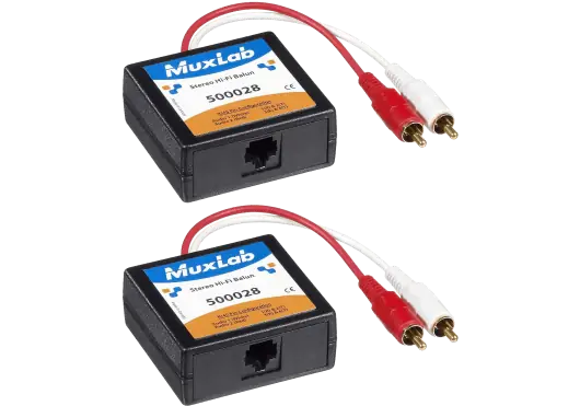 MUXLAB Balun Estéreo Cat.5 Pack 2 Piezas Extensión Señal Audio RCA Emisor-Receptor hasta 1 km