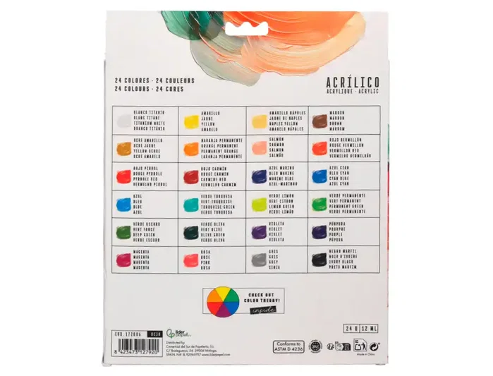 Liderpapel Caja de 24 Tubos de Pintura Acrílica de 12 ml Colores Surtidos