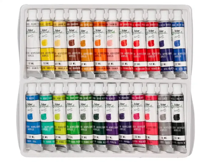 Liderpapel Caja de 24 Tubos de Pintura Acrílica de 12 ml Colores Surtidos