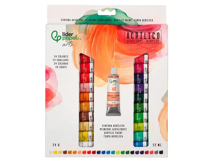 Liderpapel Caja de 24 Tubos de Pintura Acrílica de 12 ml Colores Surtidos