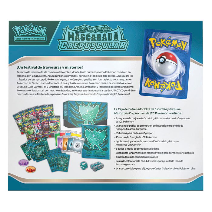POKEMON JUEGO DE CARTAS Estuche Cartas Mascarada Crepuscular Escarlata y Purpura Pokemon Español Caja Entrenador Elite +6 años
