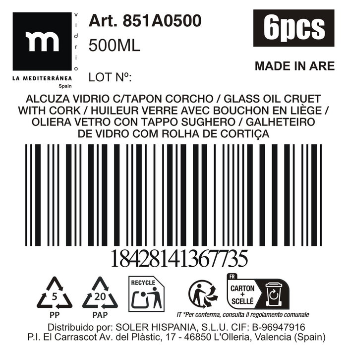 Inde Alcuza de Vidrio con Tapon de Corcho 500 ml, Medidas 12.5 x 11.6 x 16.8 cm (6 Unidades)
