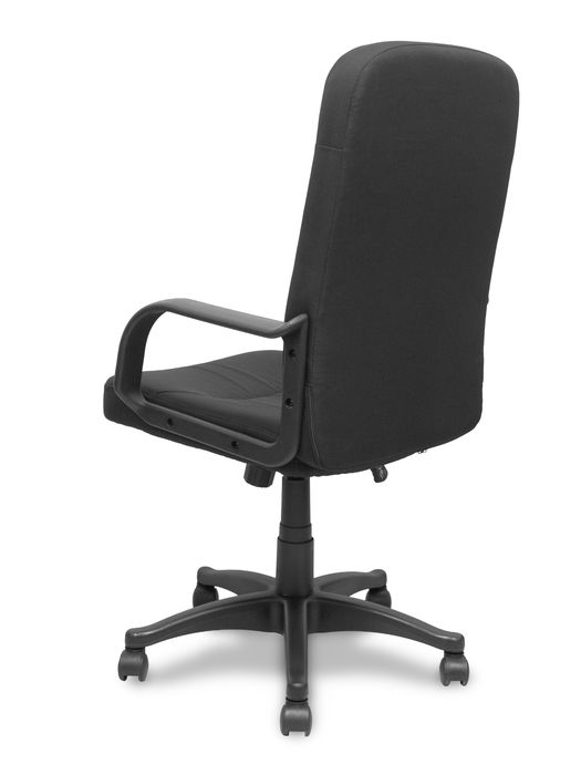 Sillón Villa con mecanismo Basculante tapizada con Tela color Negro. Equipado con Base poliamida negra, Brazos fijos y Ruedas de nailon 50 mm