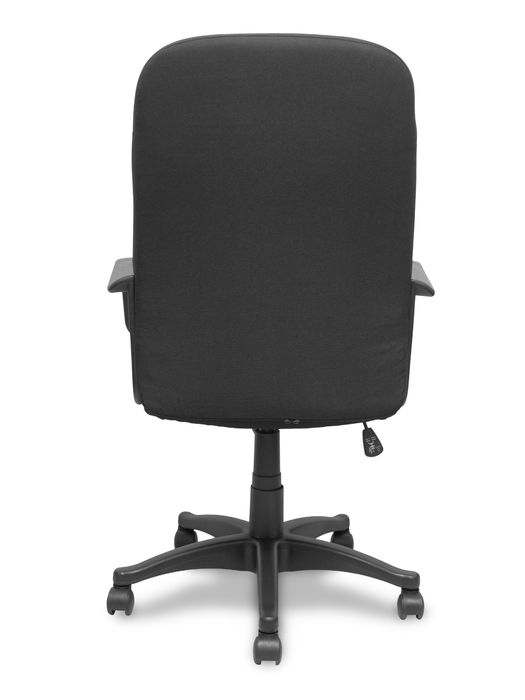 Sillón Villa con mecanismo Basculante tapizada con Tela color Negro. Equipado con Base poliamida negra, Brazos fijos y Ruedas de nailon 50 mm