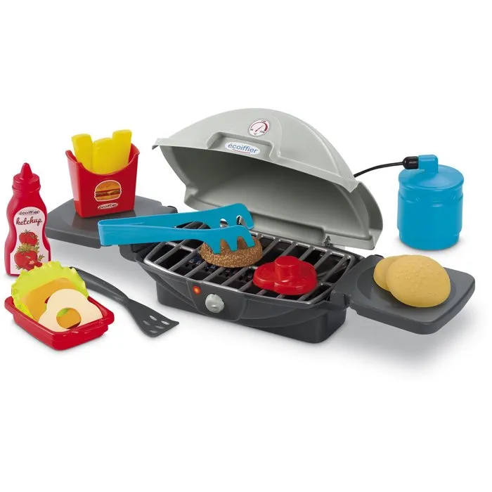 Ecoiffier - 4665 - Juego de Barbacoa de Gas Infantil para Cocinar Hamburguesa con Patatas Fritas y Accesorios - Garantía Francia