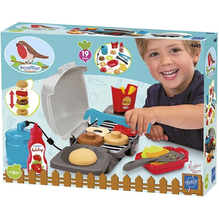 Ecoiffier - 4665 - Juego de Barbacoa de Gas Infantil para Cocinar Hamburguesa con Patatas Fritas y Accesorios - Garantía Francia