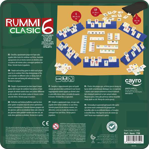 Cayro - Juego Rummiclasic de Mesa en Caja de Metal para 6 Jugadores (30,5x30,5x9 cm) - Idioma: Español, Inglés, Francés, Alemán, Italiano, Portugués, Neerlandés