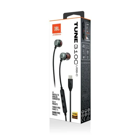 JBL Tune 310C Auriculares Intraaural Alámbrico USB Tipo C para Llamadas y Música, Color Negro, Peso 14.3 g