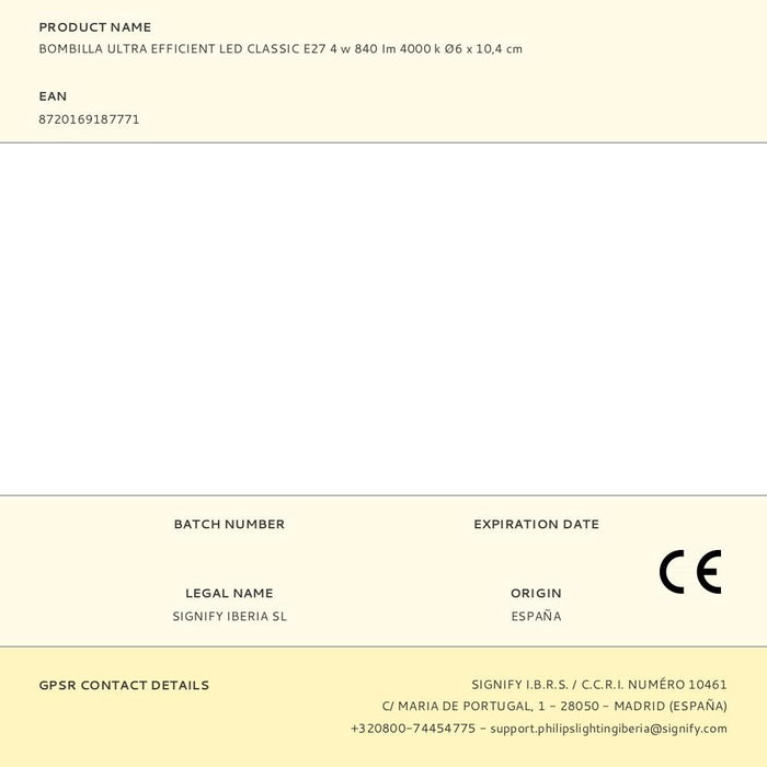 Philips Bombilla LED Classic A60 E27 4W 840lm 4000K Luz Día Mate 60W Equivalencia Ultra Efficient Philips Bombilla LED Classic A60 E27 4W 840lm 4000K Luz Día Mate 60W Equivalencia Ultra Efficient