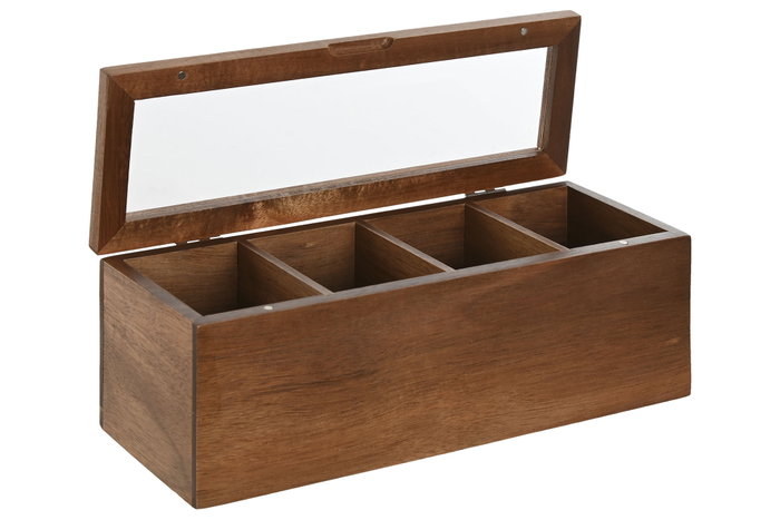 DKD Home Decor Caja Infusiones Acacia y Cristal 4 Compartimentos Natural