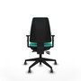 Silla de oficina Elche con mecanismo Asincro tapizada con Similpiel color Turquesa. Equipada con Base piramidal negra, Brazos 1D y Ruedas 65 mm parqué