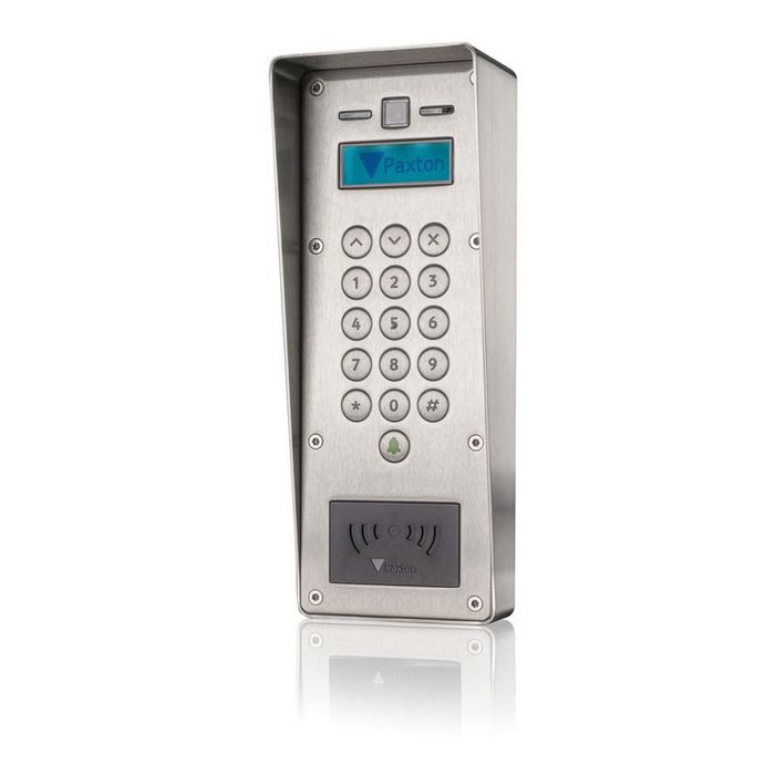 Paxton Videoportero Entry Antivandálico Exterior IPX5 con Panel de Acero Inoxidable e Instalación en Superficie con Visera Paxton Videoportero Entry Antivandálico Exterior IPX5 con Panel de Acero Inoxidable e Instalación en Superficie con Visera