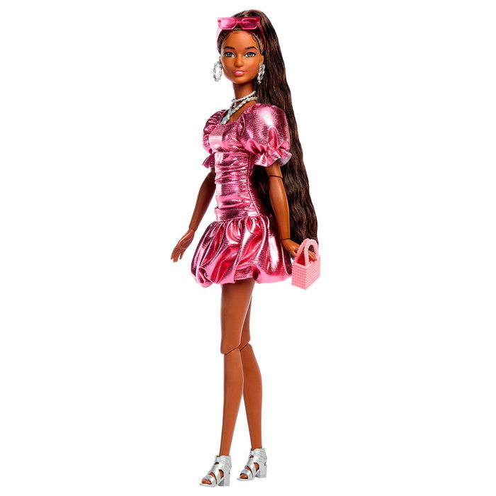 Barbie Muñeca Deluxe Style Metallic con Vestido Burbujas Rosa Coral, Gafas de Sol y Accesorios Mattel Jfp41