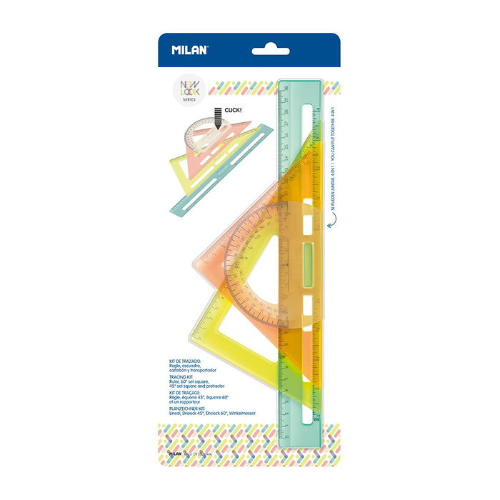 Milán Kit Reglas Trazado New Look Transparente Plástico Rígido Resistente 4 Piezas Milán Kit Reglas Trazado New Look Transparente Plástico Rígido Resistente 4 Piezas