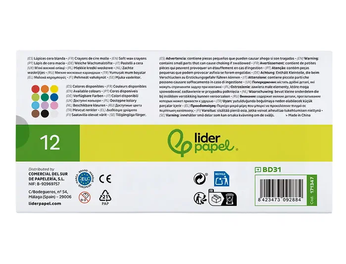 Liderpapel Lápices de cera blanda redonda colores surtidos 12 unidades Liderpapel Lápices de cera blanda redonda colores surtidos 12 unidades