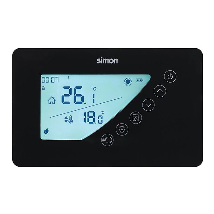 Simon Termostato Digital Programable AF521103 Negro - Pantalla LCD Retroiluminada, Programación Semanal, Modo Económico, Compatible con Calefacción y Aire Acondicionado