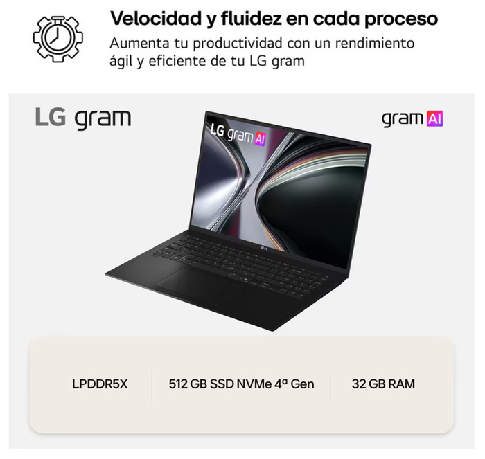 LG Gram 16Z90TL-G.AU85BN con Intel Core Ultra 7, 32 GB RAM y 512 GB SSD