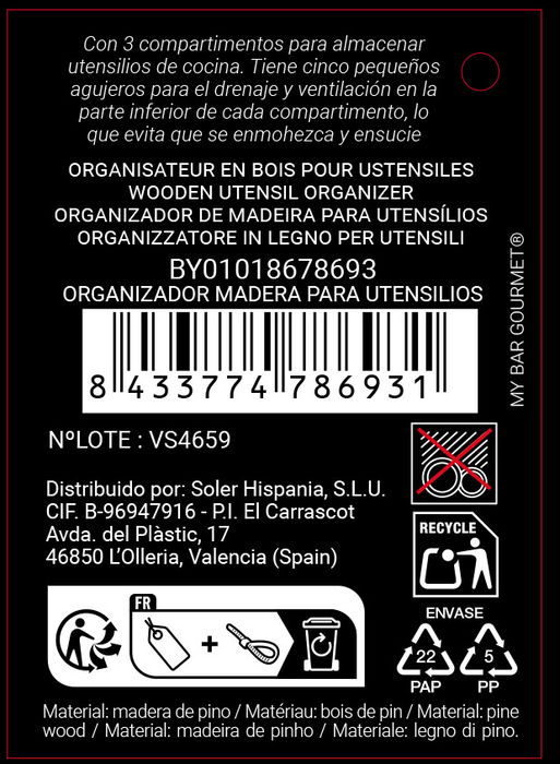 Inde Organizador de Madera para Utensilios My Bar 29,9 cm x 11,6 cm x 17,1 cm (6 Unidades)