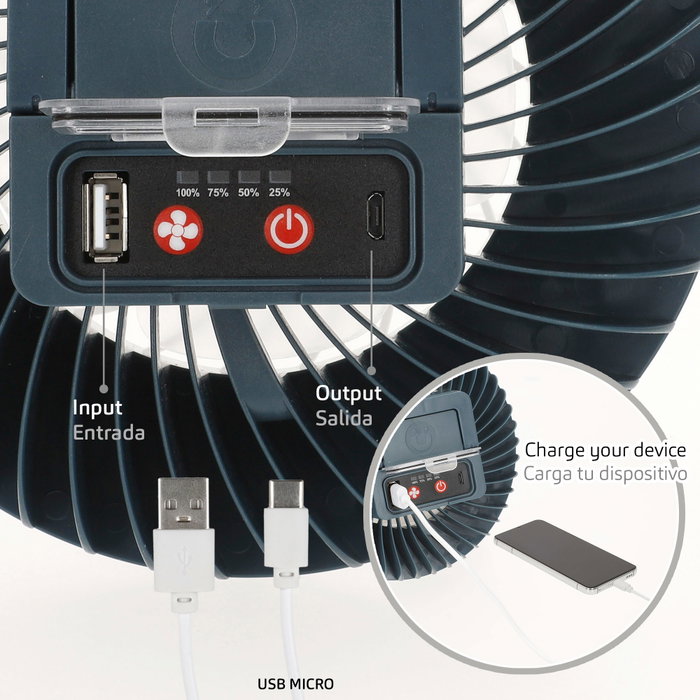 Aktive Lámpara LED portátil recargable con ventilador y cargador USB