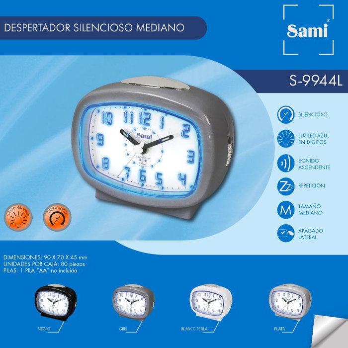 SAMI Despertador Silencioso con Luz LED Media NOS, Negro