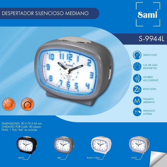 SAMI Despertador Silencioso con Luz LED Mediana, Plata