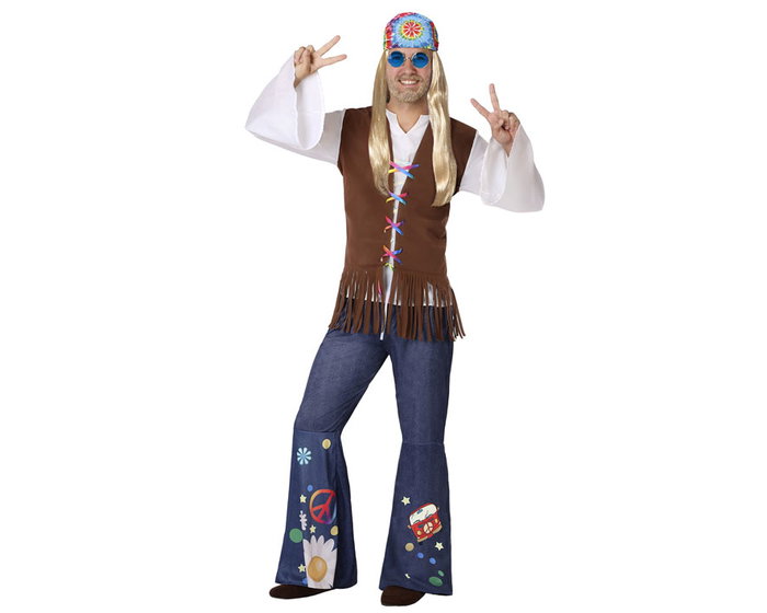 Disfraz Hippie Hombre Adulto Flower Power Años 60 Camiseta y Chaleco Taller XXL