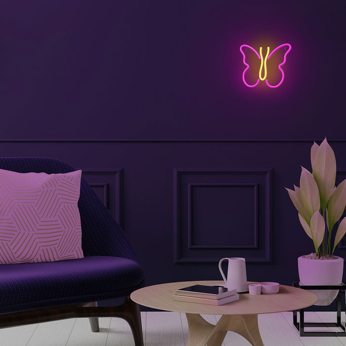 Neolia Lámpara Neon LED Decorativa, Forma de Mariposa, Luz Rosa, Alimentación USB, Incluye Interruptor y Cable 2m, para Hogar o Negocio