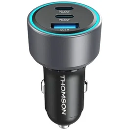 Thomson THO3513767410205 Cargador Coche 60 W, Tecnología GaN, 2 USB-C PD 30 W + USB-A QC 3.0 18 W