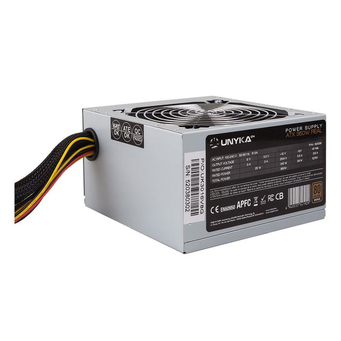 Unykach 52038 Fuente de Alimentación ATX 350W 80 PLUS Bronze, PFC Activo, Ventilador de 12cm, Conectores 1x PCIe (6+2 pines), 3x SATA, 3x Molex