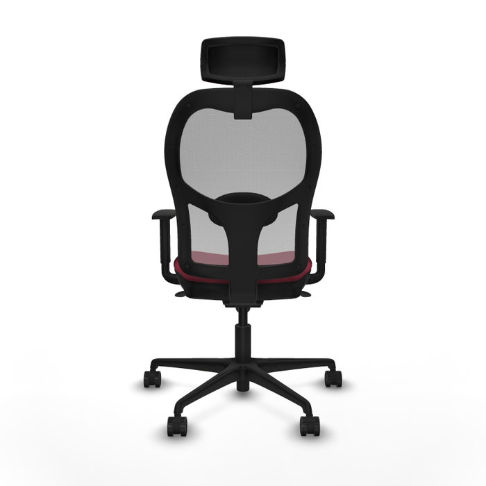 Silla de oficina Jorquera con mecanismo Sincro tapizada con Tela color Granate y malla color Gris. Equipada con lumbar 1D, Brazos 1D, Cabecero 2D y Ruedas 65mm nailon
