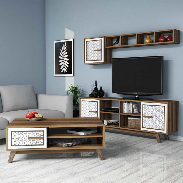 Hanah Home Conjunto Muebles Salón Nogal y Blanco con Mueble TV 160cm, Estantería y Mesa Centro, Melamina 18mm