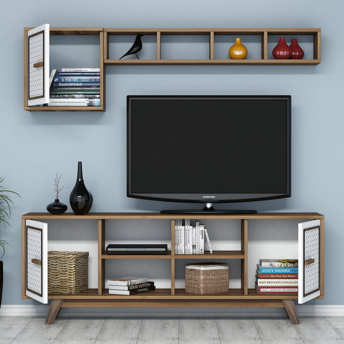 Hanah Home Conjunto Muebles Salón Nogal y Blanco con Mueble TV 160cm, Estantería y Mesa Centro, Melamina 18mm