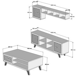 Hanah Home Conjunto Muebles Salón Nogal y Blanco con Mueble TV 160cm, Estantería y Mesa Centro, Melamina 18mm