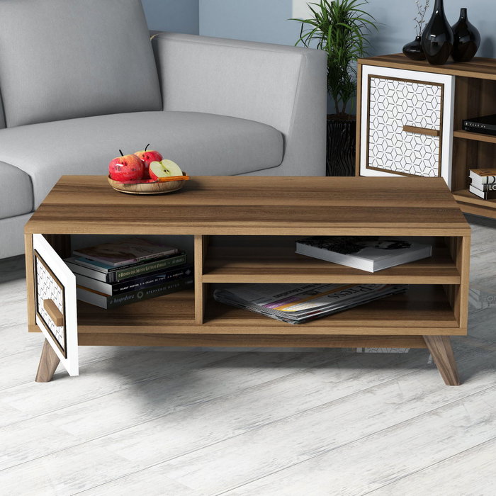 Hanah Home Conjunto Muebles Salón Nogal y Blanco con Mueble TV 160cm, Estantería y Mesa Centro, Melamina 18mm