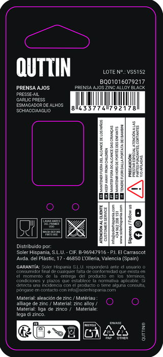 Inde Prensa de Ajos en Aleación de Zinc, Color Negro, Dimensiones 15.2x2.6 cm (12 Unidades)