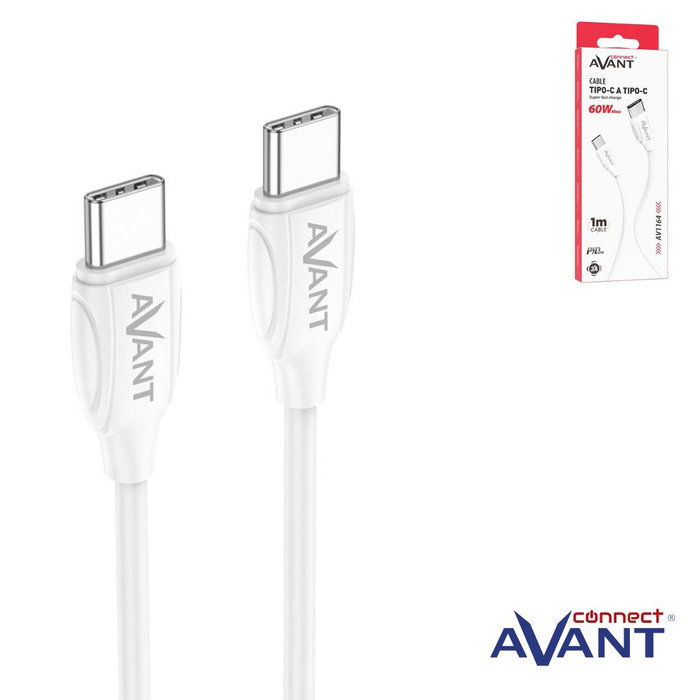 AVANT CONNECT Cable USB Tipo C a Tipo C PD 60W con Carga Rápida de 3A para Carga y Sincronización Rápida de Dispositivos AVANT CONNECT Cable USB Tipo C a Tipo C PD 60W con Carga Rápida de 3A para Carga y Sincronización Rápida de Dispositivos