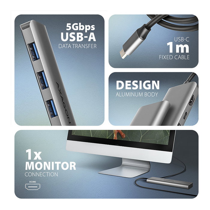 Axagon HMC-5H Hub USB-C 3.2 Gen 1 con 3x USB-A, HDMI 4K y PD 100W - Silber Axagon HMC-5H Hub USB-C 3.2 Gen 1 con 3x USB-A, HDMI 4K y PD 100W - Silber