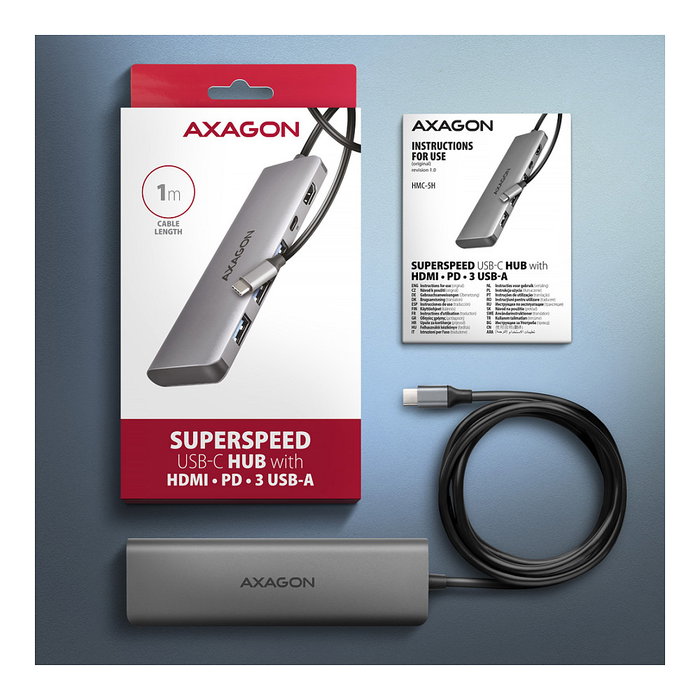Axagon HMC-5H Hub USB-C 3.2 Gen 1 con 3x USB-A, HDMI 4K y PD 100W - Silber Axagon HMC-5H Hub USB-C 3.2 Gen 1 con 3x USB-A, HDMI 4K y PD 100W - Silber