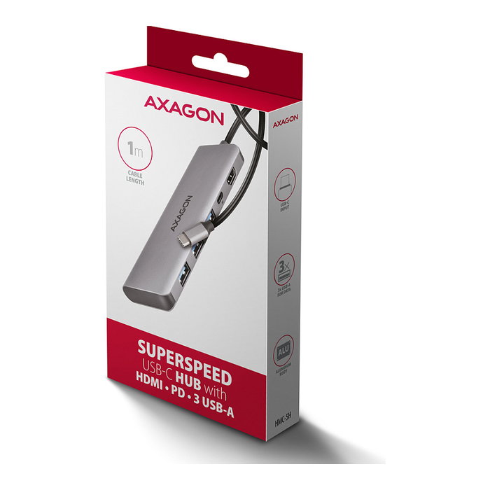 Axagon HMC-5H Hub USB-C 3.2 Gen 1 con 3x USB-A, HDMI 4K y PD 100W - Silber Axagon HMC-5H Hub USB-C 3.2 Gen 1 con 3x USB-A, HDMI 4K y PD 100W - Silber
