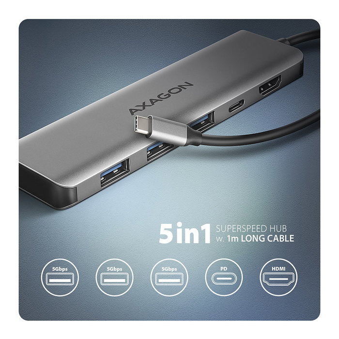 Axagon HMC-5H Hub USB-C 3.2 Gen 1 con 3x USB-A, HDMI 4K y PD 100W - Silber Axagon HMC-5H Hub USB-C 3.2 Gen 1 con 3x USB-A, HDMI 4K y PD 100W - Silber