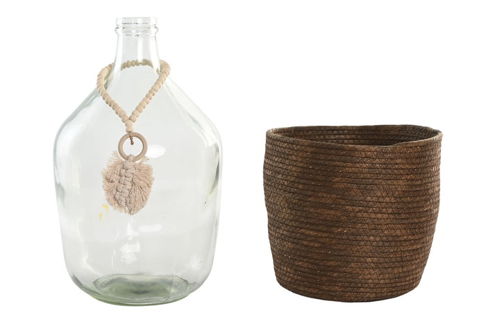 DKD Home Decor Jarrón de Cristal y Fibra con Hoja, 8,5 L DKD Home Decor Jarrón de Cristal y Fibra con Hoja, 8,5 L