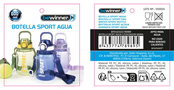 Inde Botella de Agua Sport 600 ml con Colgador, 8.9 x 17.3 x 9.5 cm (12 Unidades)