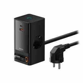Baseus PowerCombo - Multiconector de enchufe con 2 tomas, 1 USB-A y 1 USB-C, carga rápida 65W, protección, cable 0.8m, color negro