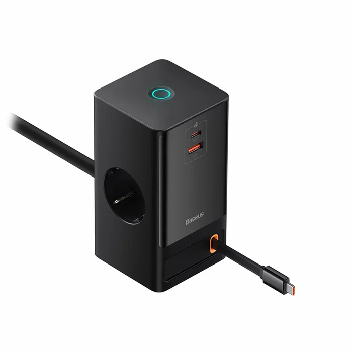 Baseus PowerCombo - Multiconector de enchufe con 2 tomas, 1 USB-A y 1 USB-C, carga rápida 65W, protección, cable 0.8m, color negro