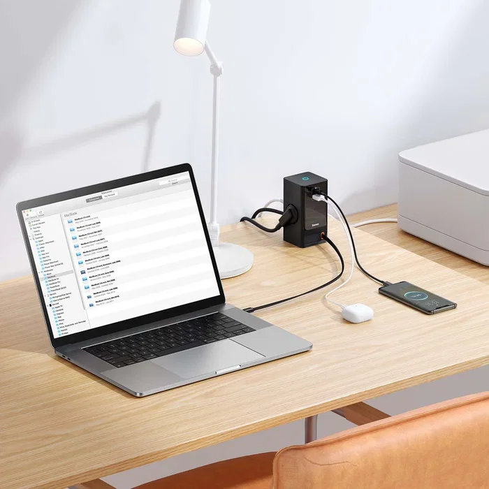 Baseus PowerCombo - Multiconector de enchufe con 2 tomas, 1 USB-A y 1 USB-C, carga rápida 65W, protección, cable 0.8m, color negro