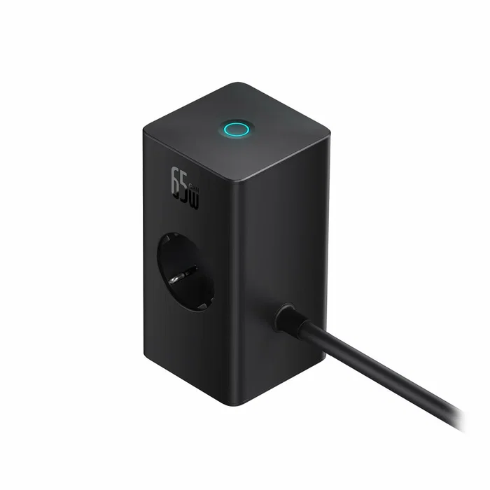 Baseus PowerCombo - Multiconector de enchufe con 2 tomas, 1 USB-A y 1 USB-C, carga rápida 65W, protección, cable 0.8m, color negro