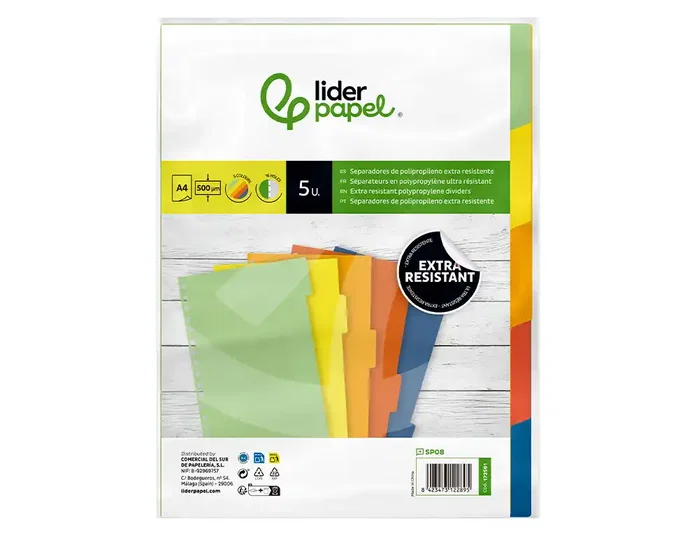 Liderpapel Juego de 5 Separadores A4 Multitaladro 500 Micras